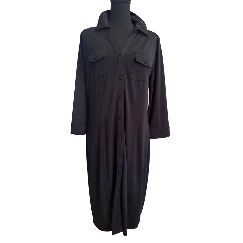 Talbots Black Classic Shirt Dress Womens Large 3/4 Sleeve Button Front Midi L